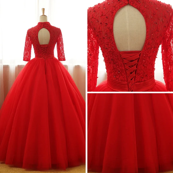 Chinese style Red Prom Dresses 2017 Ball Gown High Neck 3/4 Sleeve Sequins Beading Pearl Sash Floor-Length / Long Ruffle Backless Formal Dresses
