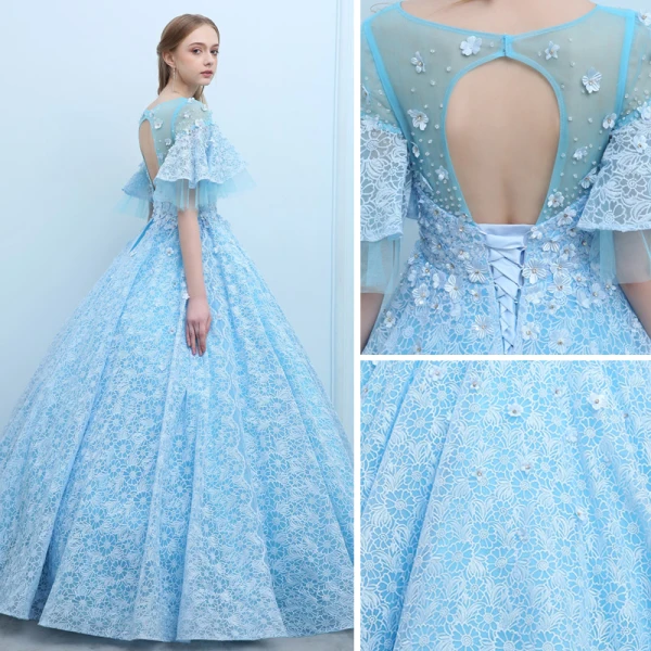 Elegant Pool Blue See-through Prom Dresses 2018 Ball Gown Scoop Neck 1/2 Sleeves Appliques Flower Beading Floor-Length / Long Ruffle Backless Formal Dresses