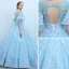 Elegant Pool Blue See-through Prom Dresses 2018 Ball Gown Scoop Neck 1/2 Sleeves Appliques Flower Beading Floor-Length / Long Ruffle Backless Formal Dresses