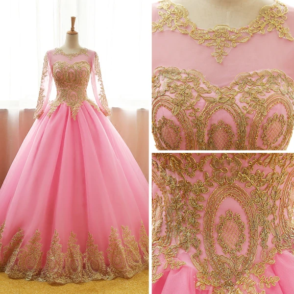Chic / Belle Rose Bonbon Robe De Bal 2017 Robe Boule Encolure Dégagée Manches Longues Doré Appliques En Dentelle Longue Volants Percé Dos Nu Robe De Ceremonie