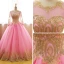 Chic / Belle Rose Bonbon Robe De Bal 2017 Robe Boule Encolure Dégagée Manches Longues Doré Appliques En Dentelle Longue Volants Percé Dos Nu Robe De Ceremonie