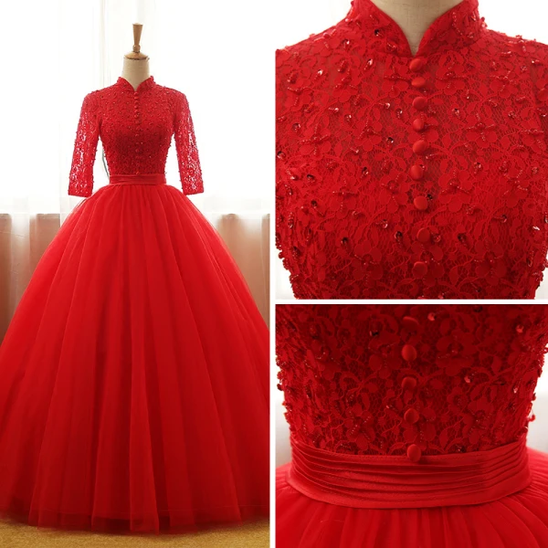 Chinese style Red Prom Dresses 2017 Ball Gown High Neck 3/4 Sleeve Sequins Beading Pearl Sash Floor-Length / Long Ruffle Backless Formal Dresses