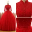 Chinese style Red Prom Dresses 2017 Ball Gown High Neck 3/4 Sleeve Sequins Beading Pearl Sash Floor-Length / Long Ruffle Backless Formal Dresses