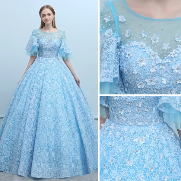 Elegant Pool Blue See-through Prom Dresses 2018 Ball Gown Scoop Neck 1/2 Sleeves Appliques Flower Beading Floor-Length / Long Ruffle Backless Formal Dresses