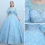Elegant Pool Blue See-through Prom Dresses 2018 Ball Gown Scoop Neck 1/2 Sleeves Appliques Flower Beading Floor-Length / Long Ruffle Backless Formal Dresses