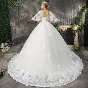 Chic Beautiful Hall Wedding Dresses 2017 Lace Appliques Flower Pearl Scoop Neck 1 2 Sleeves Backless Court Train White Ball Gown