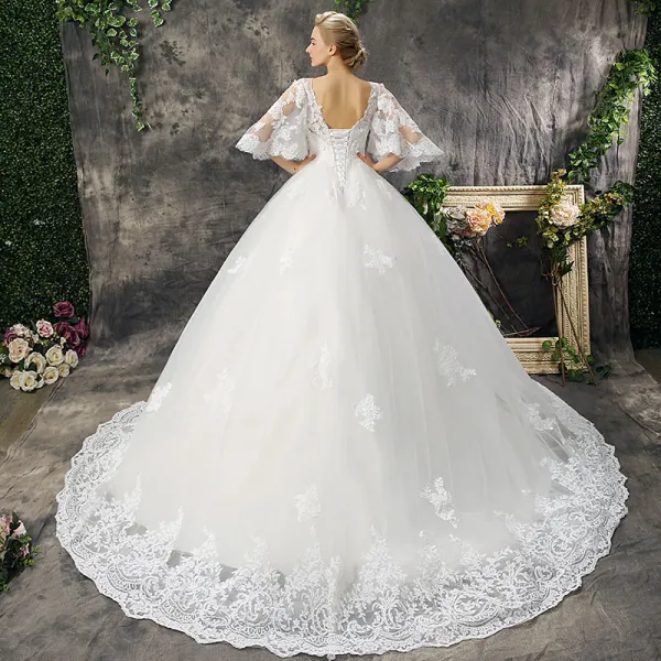Chic / Beautiful Hall Wedding Dresses 2017 Lace Appliques Flower Pearl Scoop Neck 1/2 Sleeves Backless Court Train White Ball Gown