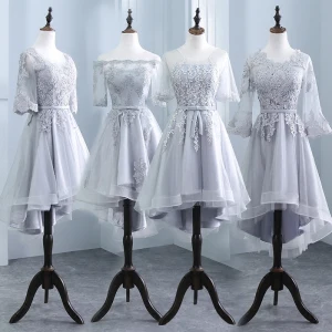 Hög Låg Grå Pierced Tärnklänningar 2018 Prinsessa Appliqués Spets Skärp Asymmetrisk Ruffle Halterneck Klänning Till Bröllop
