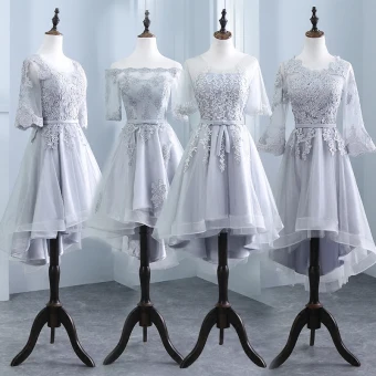 High Low Grey Pierced Bridesmaid Dresses 2018 A Line Princess Appliques Lace Sash Asymmetrical Ruffle Backless Wedding Party Dresses