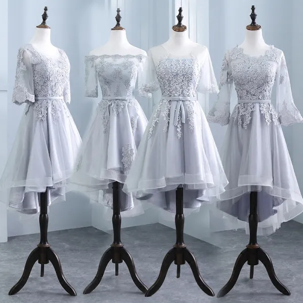 High Low Grey Pierced Bridesmaid Dresses 2018 A-Line / Princess Appliques Lace Sash Asymmetrical Ruffle Backless Wedding Party Dresses
