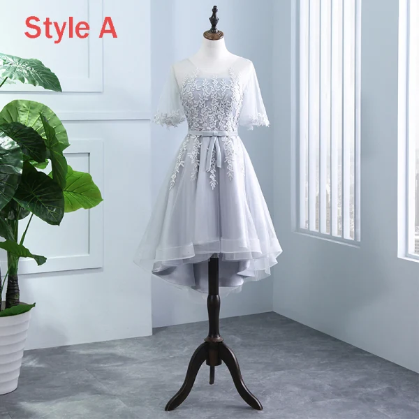 High Low Grey Pierced Bridesmaid Dresses 2018 A-Line / Princess Appliques Lace Sash Asymmetrical Ruffle Backless Wedding Party Dresses