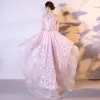 Moderne / Mode Rose Bonbon Organza Robe De Cocktail 2018 Princesse De l'épaule Manches Courtes Appliques En Dentelle Asymétrique Volants en Cascade Dos Nu Robe De Ceremonie
