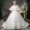 Chic / Beautiful Hall Wedding Dresses 2017 Lace Appliques Flower Pearl Scoop Neck 1/2 Sleeves Backless Court Train White Ball Gown