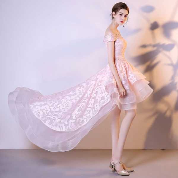 Modern / Fashion Candy Pink Organza Cocktail Dresses 2018 A-Line / Princess Off-The-Shoulder Short Sleeve Appliques Lace Asymmetrical Cascading Ruffles Backless Formal Dresses