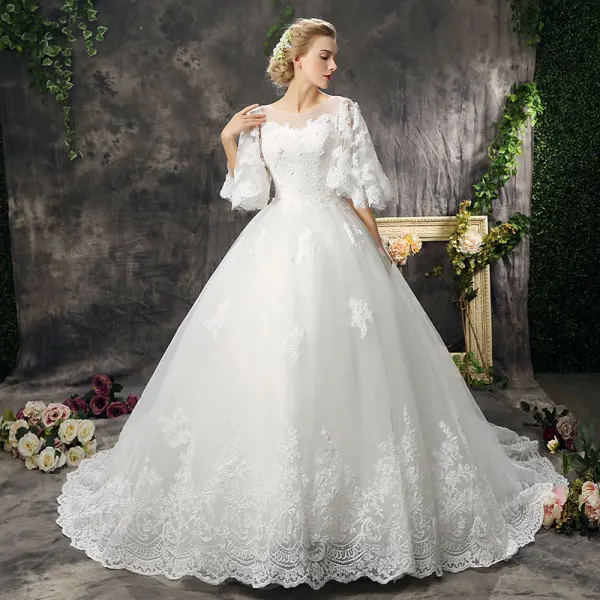 Chic / Beautiful Hall Wedding Dresses 2017 Lace Appliques Flower Pearl Scoop Neck 1/2 Sleeves Backless Court Train White Ball Gown