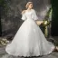 Chic / Beautiful Hall Wedding Dresses 2017 Lace Appliques Flower Pearl Scoop Neck 1/2 Sleeves Backless Court Train White Ball Gown