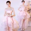 Modern / Fashion Candy Pink Organza Cocktail Dresses 2018 A-Line / Princess Off-The-Shoulder Short Sleeve Appliques Lace Asymmetrical Cascading Ruffles Backless Formal Dresses