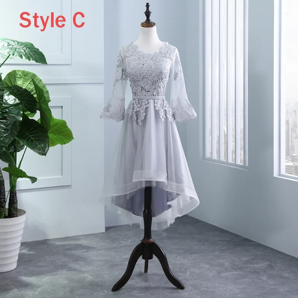 High Low Grey Pierced Bridesmaid Dresses 2018 A-Line / Princess Appliques Lace Sash Asymmetrical Ruffle Backless Wedding Party Dresses