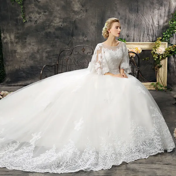 Chic / Beautiful Hall Wedding Dresses 2017 Lace Appliques Flower Pearl Scoop Neck 1/2 Sleeves Backless Court Train White Ball Gown