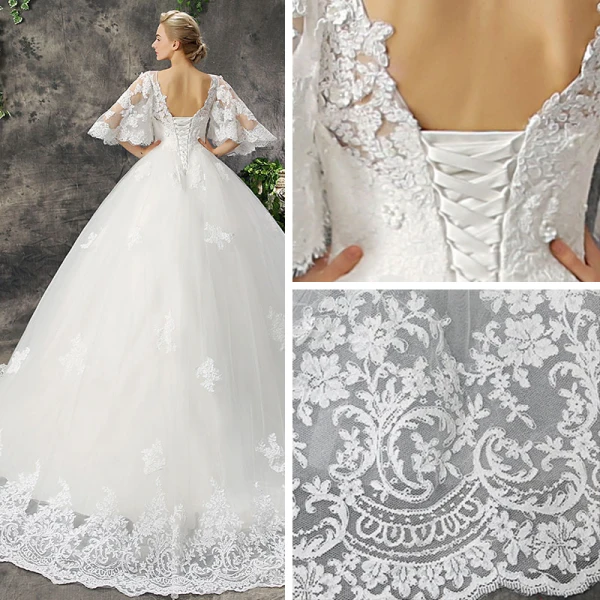Chic / Beautiful Hall Wedding Dresses 2017 Lace Appliques Flower Pearl Scoop Neck 1/2 Sleeves Backless Court Train White Ball Gown