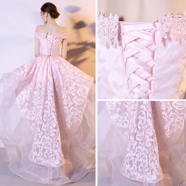 Modern / Fashion Candy Pink Organza Cocktail Dresses 2018 A-Line / Princess Off-The-Shoulder Short Sleeve Appliques Lace Asymmetrical Cascading Ruffles Backless Formal Dresses
