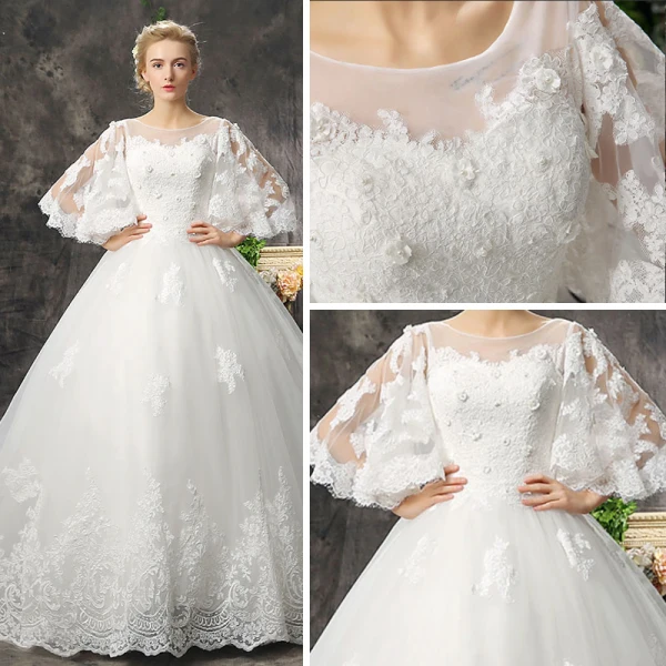 Chic / Beautiful Hall Wedding Dresses 2017 Lace Appliques Flower Pearl Scoop Neck 1/2 Sleeves Backless Court Train White Ball Gown