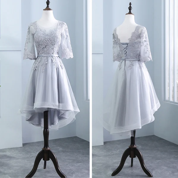 High Low Grey Pierced Bridesmaid Dresses 2018 A-Line / Princess Appliques Lace Sash Asymmetrical Ruffle Backless Wedding Party Dresses