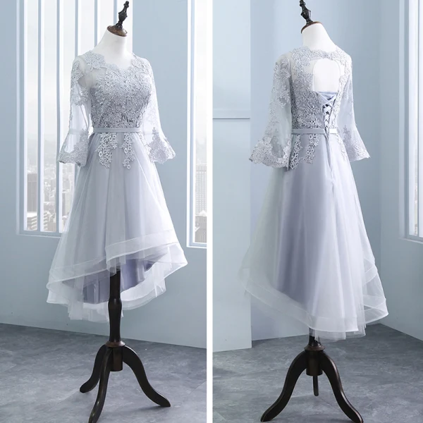 High Low Grey Pierced Bridesmaid Dresses 2018 A-Line / Princess Appliques Lace Sash Asymmetrical Ruffle Backless Wedding Party Dresses