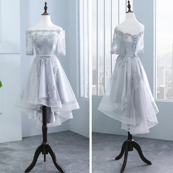 High Low Grey Pierced Bridesmaid Dresses 2018 A-Line / Princess Appliques Lace Sash Asymmetrical Ruffle Backless Wedding Party Dresses