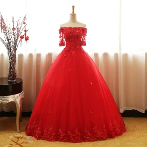 Chic Beautiful Red Prom Dresses 2017 Ball Gown Off The Shoulder 1 2 Sleeves Appliques Lace Rhinestone Sequins Beading Floor Length Long Ruffle Backless Formal Dresses