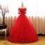 Chic / Belle Rouge Robe De Bal 2017 Robe Boule De l'épaule 1/2 Manches Appliques En Dentelle Faux Diamant Paillettes Perlage Longue Volants Dos Nu Robe De Ceremonie