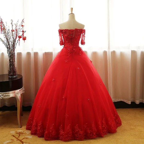 Chic / Belle Rouge Robe De Bal 2017 Robe Boule De l'épaule 1/2 Manches Appliques En Dentelle Faux Diamant Paillettes Perlage Longue Volants Dos Nu Robe De Ceremonie