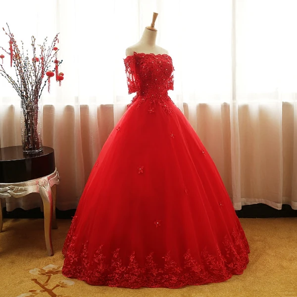 Chic / Belle Rouge Robe De Bal 2017 Robe Boule De l'épaule 1/2 Manches Appliques En Dentelle Faux Diamant Paillettes Perlage Longue Volants Dos Nu Robe De Ceremonie