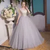 Luxury / Gorgeous Grey Prom Dresses 2018 Ball Gown Scoop Neck Sleeveless Beading Rhinestone Metal Sash Floor-Length / Long Ruffle Backless Formal Dresses