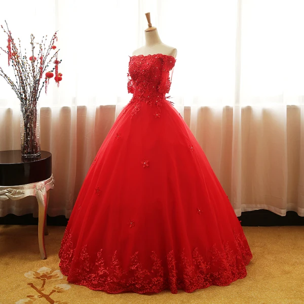 Chic / Belle Rouge Robe De Bal 2017 Robe Boule De l'épaule 1/2 Manches Appliques En Dentelle Faux Diamant Paillettes Perlage Longue Volants Dos Nu Robe De Ceremonie