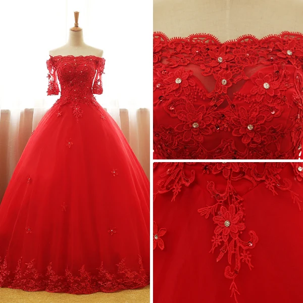 Chic / Belle Rouge Robe De Bal 2017 Robe Boule De l'épaule 1/2 Manches Appliques En Dentelle Faux Diamant Paillettes Perlage Longue Volants Dos Nu Robe De Ceremonie