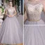 Luxury / Gorgeous Grey Prom Dresses 2018 Ball Gown Scoop Neck Sleeveless Beading Rhinestone Metal Sash Floor-Length / Long Ruffle Backless Formal Dresses