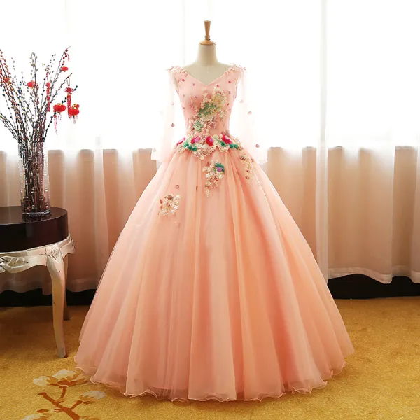 Chic / Beautiful Pearl Pink Prom Dresses 2017 Ball Gown V-Neck Sleeveless Appliques Flower Pearl Sequins Floor-Length / Long Ruffle Backless Formal Dresses
