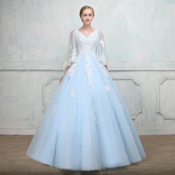 Chic Belle Bleu Ciel Robe De Bal Avec Châle 2018 Robe Boule V Cou Appliques En Dentelle Perlage Longue Volants Dos Nu Robe De Ceremonie