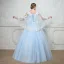 Chic / Belle Bleu Ciel Robe De Bal Avec Châle 2018 Robe Boule V-Cou Appliques En Dentelle Perlage Longue Volants Dos Nu Robe De Ceremonie