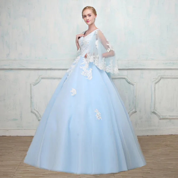 Chic / Belle Bleu Ciel Robe De Bal Avec Châle 2018 Robe Boule V-Cou Appliques En Dentelle Perlage Longue Volants Dos Nu Robe De Ceremonie