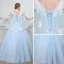 Chic / Belle Bleu Ciel Robe De Bal Avec Châle 2018 Robe Boule V-Cou Appliques En Dentelle Perlage Longue Volants Dos Nu Robe De Ceremonie