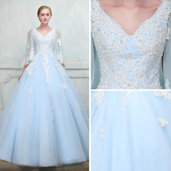 Chic / Belle Bleu Ciel Robe De Bal Avec Châle 2018 Robe Boule V-Cou Appliques En Dentelle Perlage Longue Volants Dos Nu Robe De Ceremonie