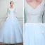 Chic / Belle Bleu Ciel Robe De Bal Avec Châle 2018 Robe Boule V-Cou Appliques En Dentelle Perlage Longue Volants Dos Nu Robe De Ceremonie