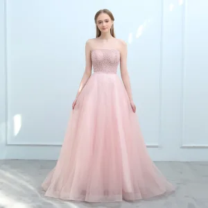 Mote Perle Rosa Selskapskjoler 2018 Prinsesse Kjæreste Uten Ermer Sash Beading Domstol Tog Buste Ryggløse Formelle Kjoler