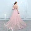 Modern / Fashion Pearl Pink Evening Dresses  2018 A-Line / Princess Sweetheart Sleeveless Sash Beading Court Train Ruffle Backless Formal Dresses