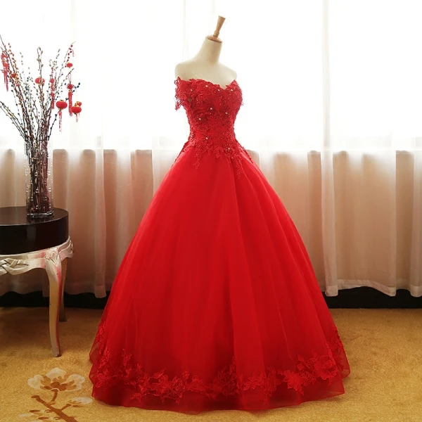 Schöne Rot Ballkleider 2017 Ballkleid Bandeau V-Ausschnitt Kurze Ärmel Applikationen Spitze Strass Perlenstickerei Pailletten Lange Rüschen Rückenfreies