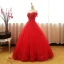 Schöne Rot Ballkleider 2017 Ballkleid Bandeau V-Ausschnitt Kurze Ärmel Applikationen Spitze Strass Perlenstickerei Pailletten Lange Rüschen Rückenfreies