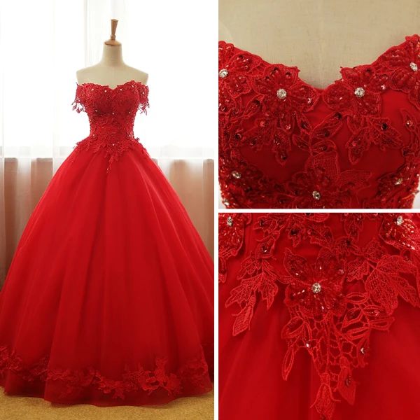 Schöne Rot Ballkleider 2017 Ballkleid Bandeau V-Ausschnitt Kurze Ärmel Applikationen Spitze Strass Perlenstickerei Pailletten Lange Rüschen Rückenfreies