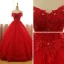 Schöne Rot Ballkleider 2017 Ballkleid Bandeau V-Ausschnitt Kurze Ärmel Applikationen Spitze Strass Perlenstickerei Pailletten Lange Rüschen Rückenfreies